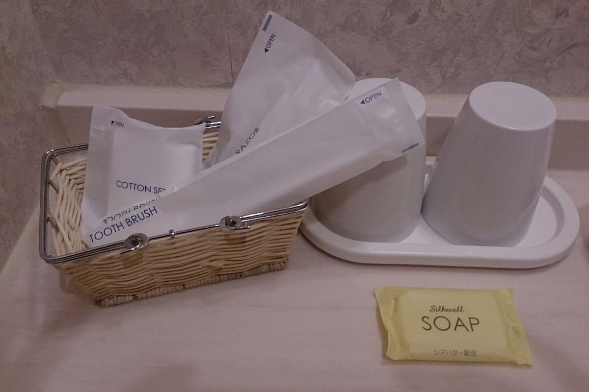 combined shower/bathtub, free toiletries, hair dryer, slippers