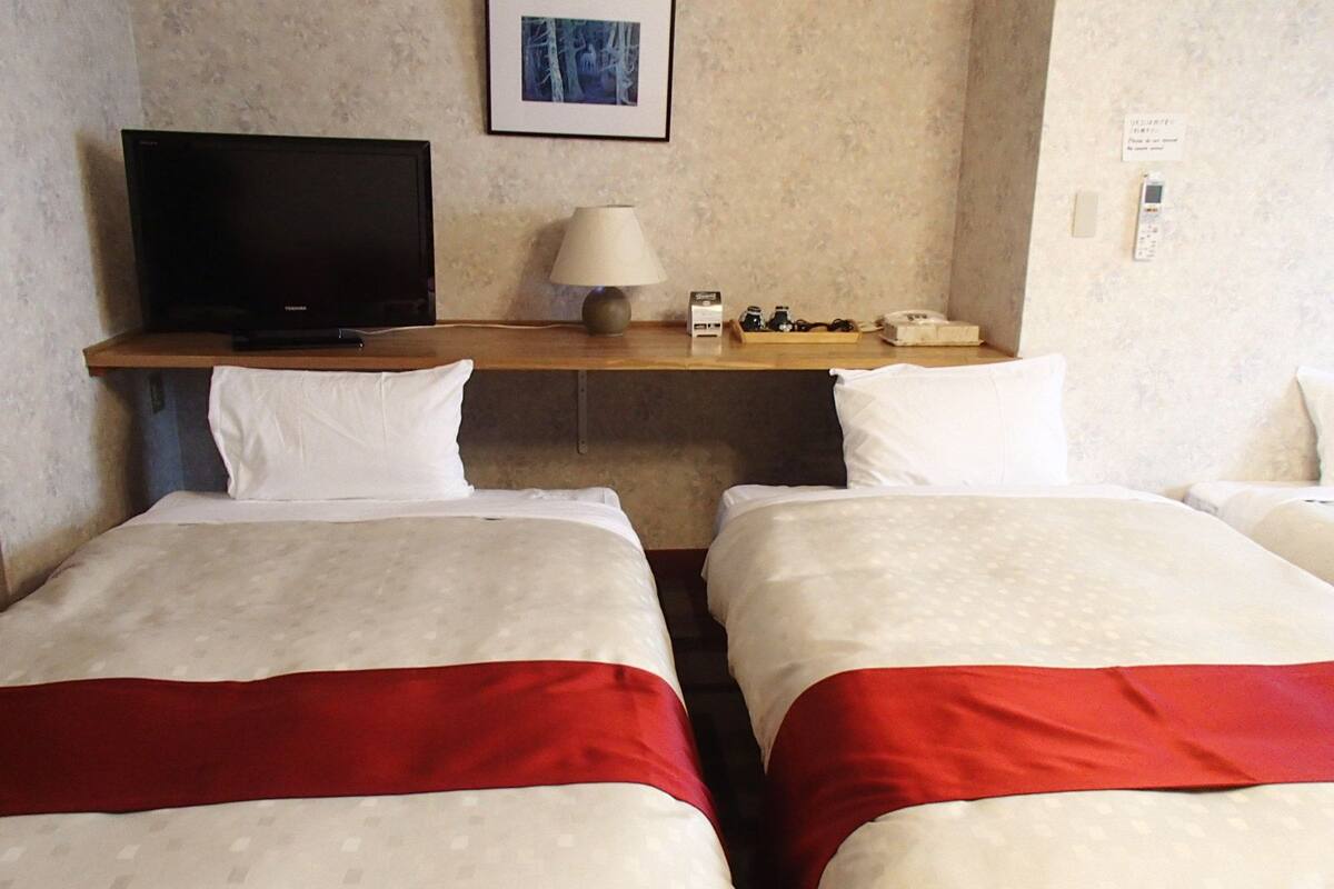 A hotel room with two beds, a TV, a desk with a lamp, and a telephone.