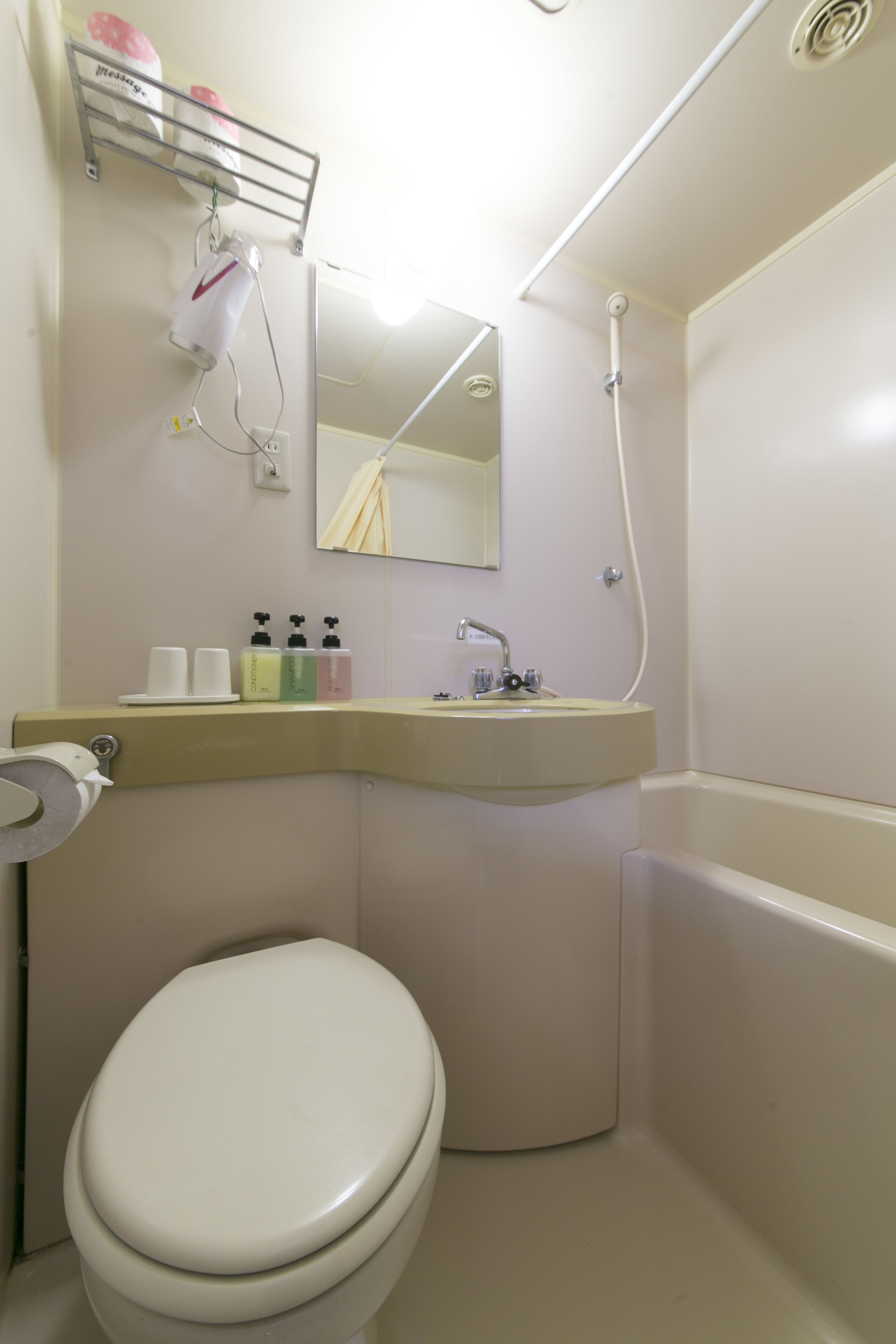 combined shower/bathtub, free toiletries, hair dryer, slippers