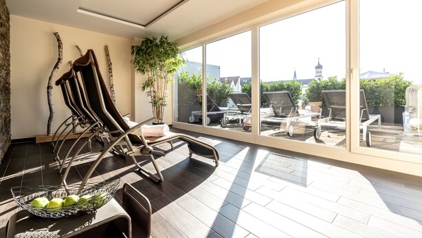 A sunlit room with a large window, a dining table with chairs, a metal chair, and a plant.
