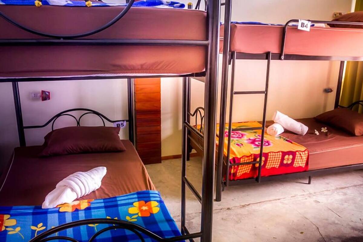 A dormitory room with bunk beds, each with a pillow and a blanket.