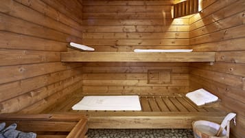 A wooden sauna with benches, benches, and a stone floor.