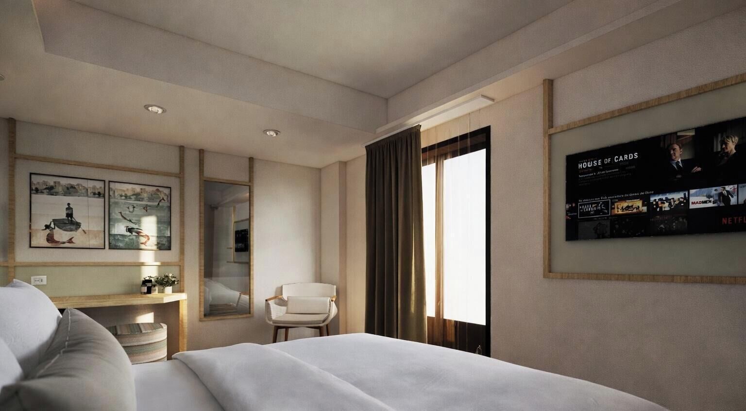 أغطية فراش متميزة وميني بار وخزنة داخل الغرفة ومكتب