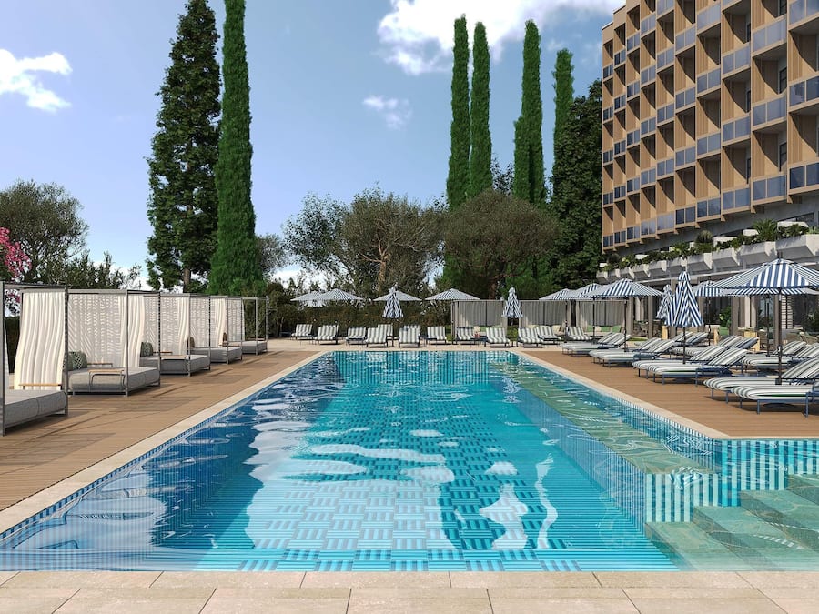 Seasonal outdoor pool, pool loungers