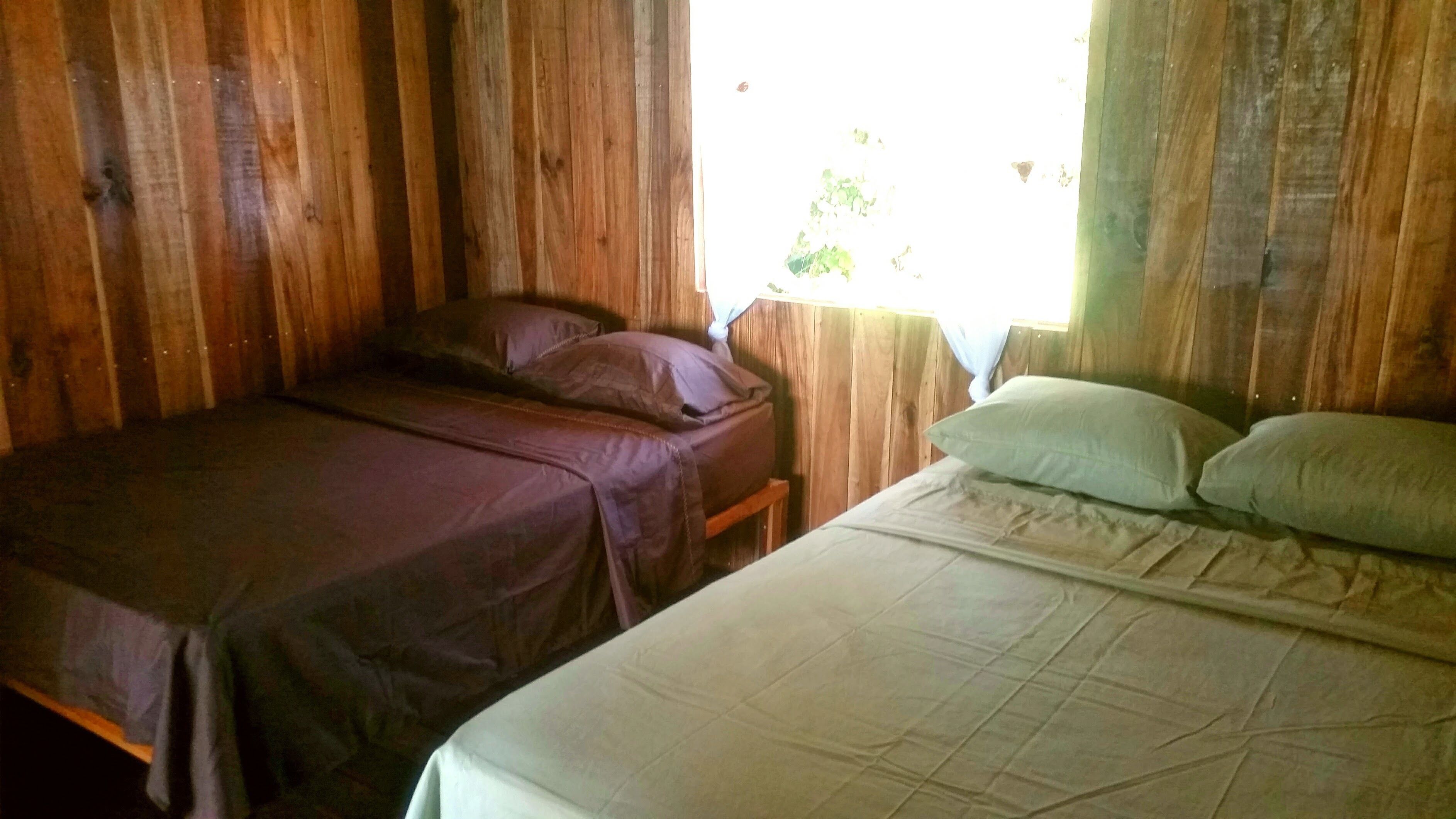 A room with two beds, wooden walls, and a window with a curtain.