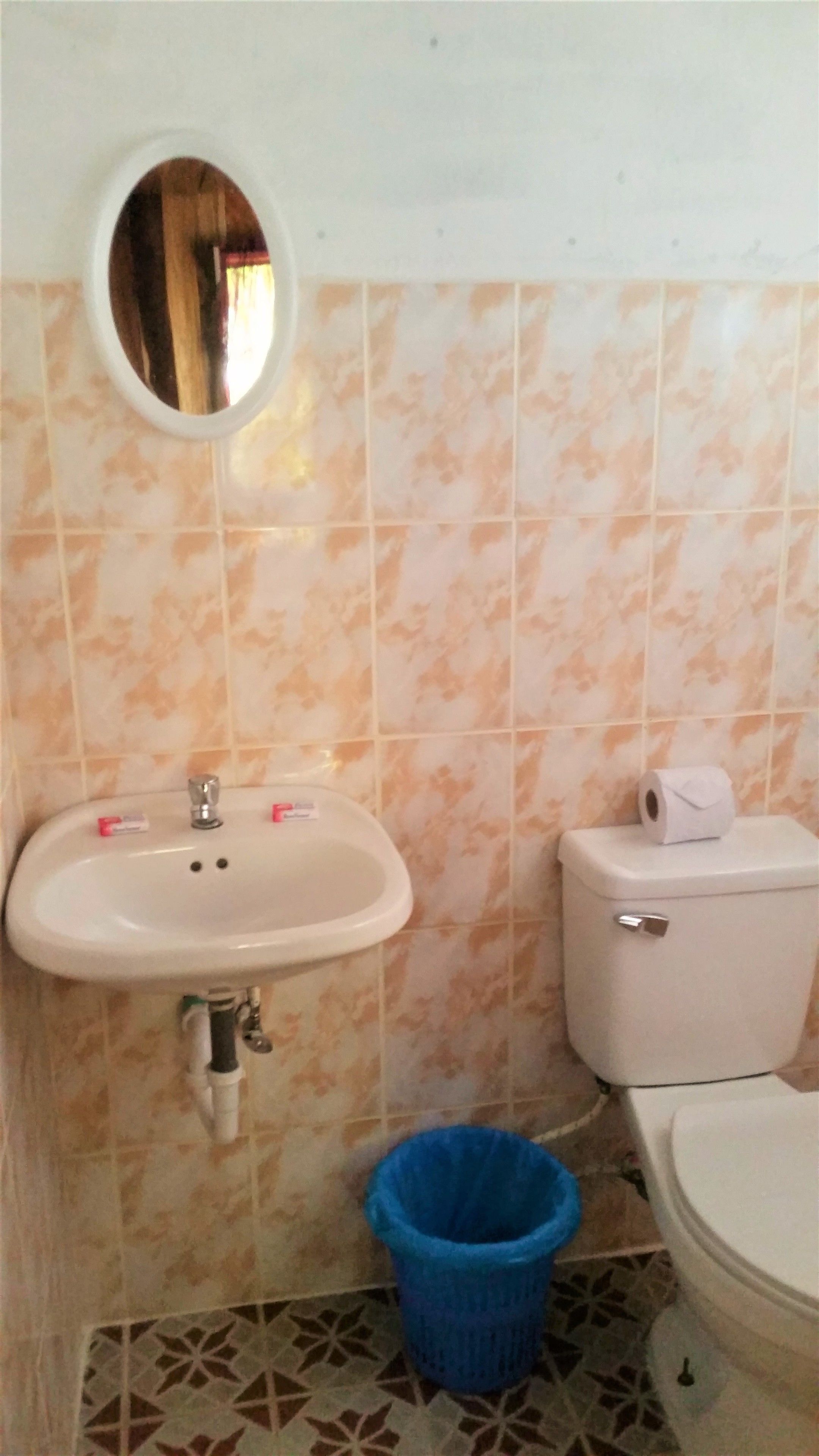 Un baño con lavamanos, inodoro y un cubo de basura azul.