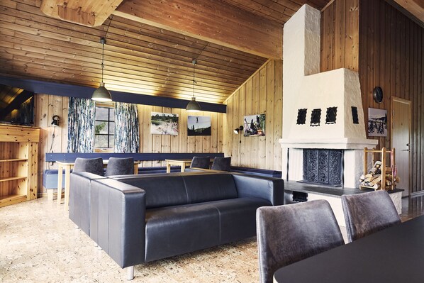 Cabaña familiar (Vasettunet) | Área de sala de estar | Televisión de pantalla plana y chimenea 