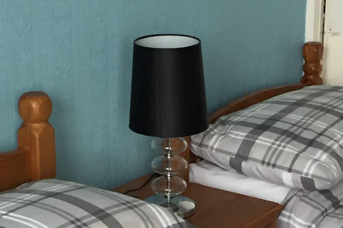 A bedroom with a wooden headboard, a bedside table with a lamp, and two beds with plaid bedding.