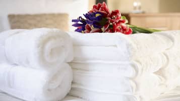 Combined shower/tub, free toiletries, hair dryer, towels