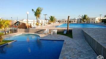 Outdoor pool, pool umbrellas, pool loungers