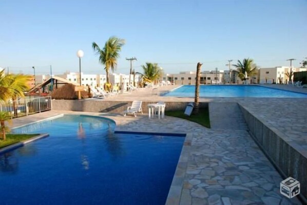 Outdoor pool, pool umbrellas, pool loungers