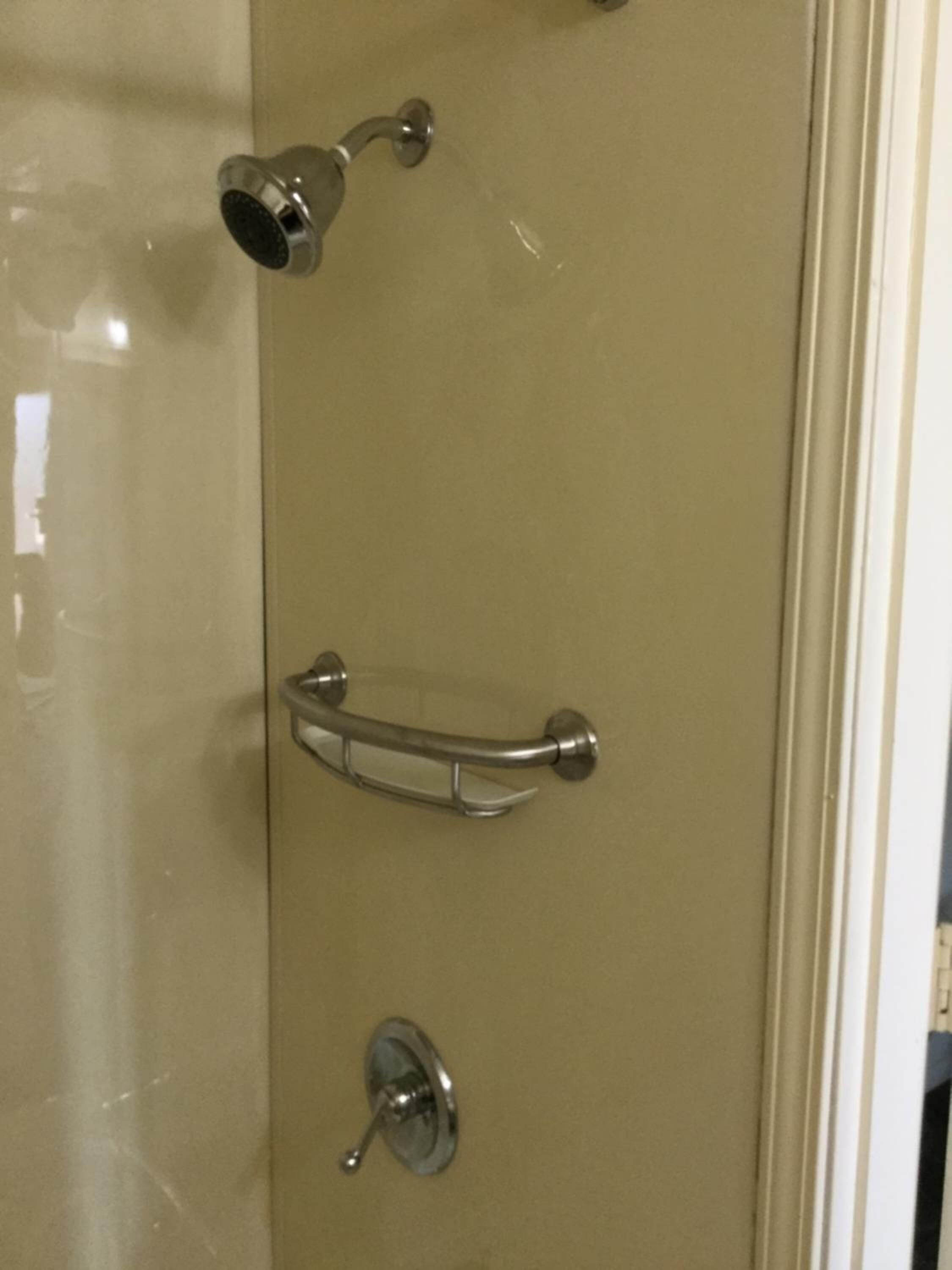 combined shower/bathtub, free toiletries, towels