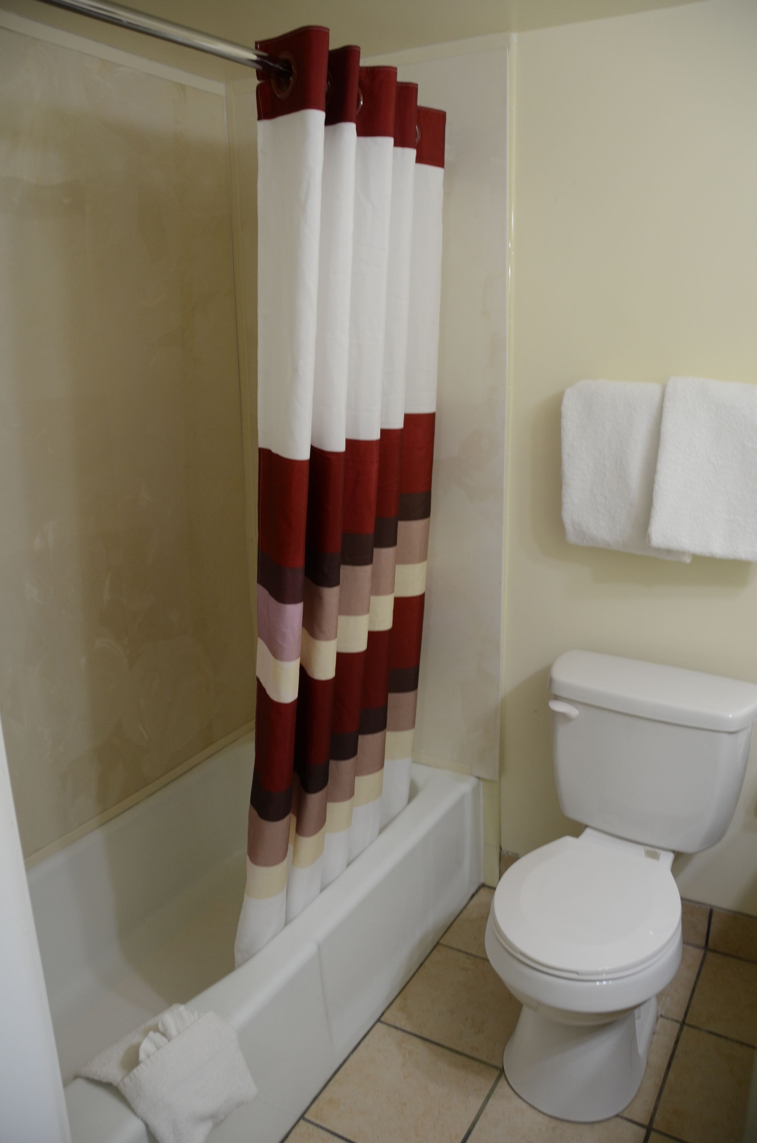 combined shower/bathtub, free toiletries, towels