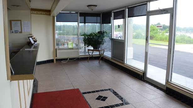 Un área de recepción con mostrador, planta en maceta y ventanas amplias que dan al estacionamiento y la vegetación exterior.