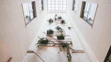 Un pasillo con plantas en macetas dispuestas a lo largo de las paredes y el suelo, amplias ventanas que dejan entrar luz natural y un techo alto.