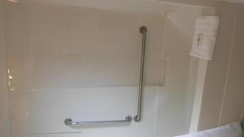 Combined shower/tub, free toiletries, hair dryer, towels