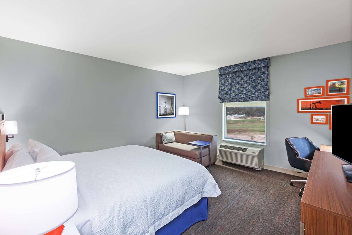 A hotel room with a bed, a desk, a chair, a window with a view, a lamp, and framed pictures on the wall.
