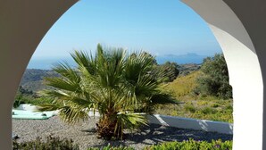 Vista a través de un ventanal arqueado que muestra una palmera, una pared blanca y un paisaje lejano con colinas y montañas.