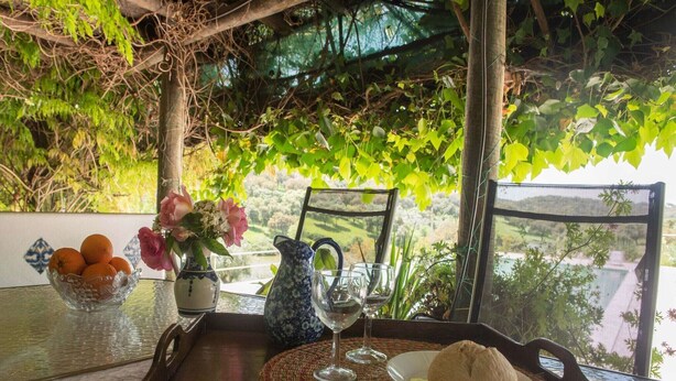 Une table sur laquelle se trouvent un saladier en verre rempli d’oranges, un vase avec des fleurs roses, une carafe bleue et blanche, deux verres à vin et une assiette avec une miche de pain.