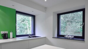 Une cuisine moderne avec deux fenêtres, un plan de travail blanc et un mur d’accent vert.