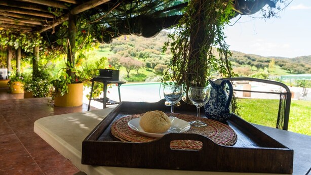 Une table à manger avec une assiette de nourriture, deux verres et une carafe, le tout placé devant un paysage extérieur pittoresque.