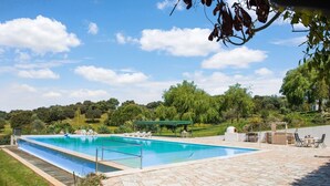 Une piscine rectangulaire bordée d’une terrasse en pierre, entourée de verdure et sous un ciel dégagé.
