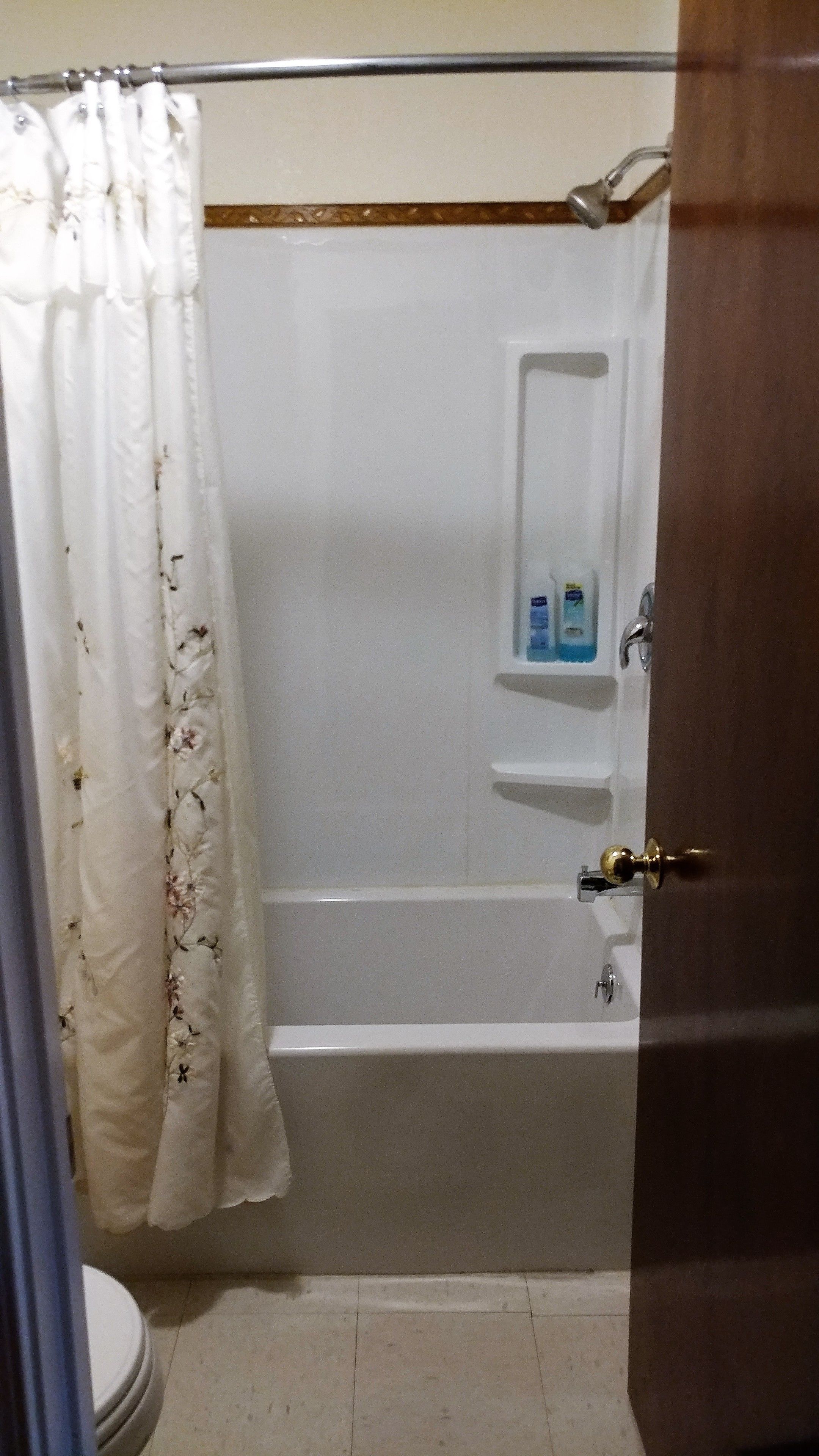 A bathroom with a shower, toilet, and a shelf with toiletries.