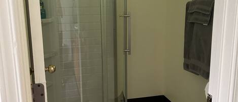 A bathroom with a glass shower enclosure, a toilet, and a towel hanging on the wall.