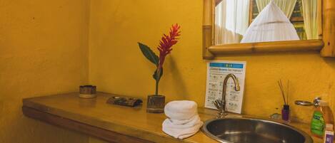 Un baño con un mostrador de madera, un lavabo, un espejo, una planta en maceta, una toalla y un cartel con instrucciones para lavarse las manos.