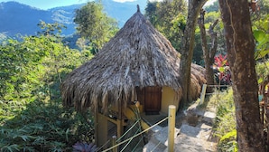 Una cabaña con techo de paja y puerta de madera, rodeada de vegetación exuberante y con una montaña al fondo.