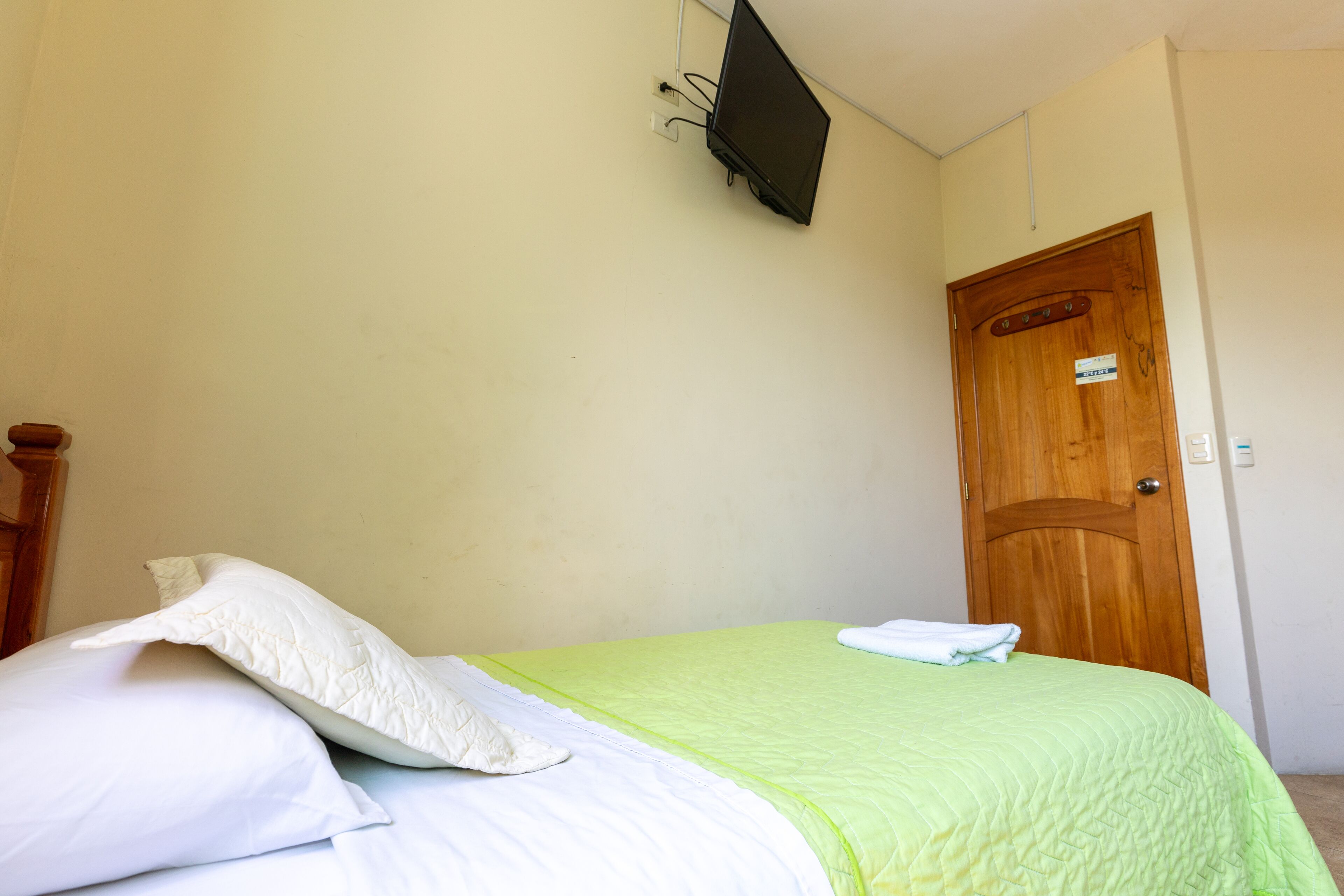 A single bed with white and green bedding, a wooden door, and a mounted television.