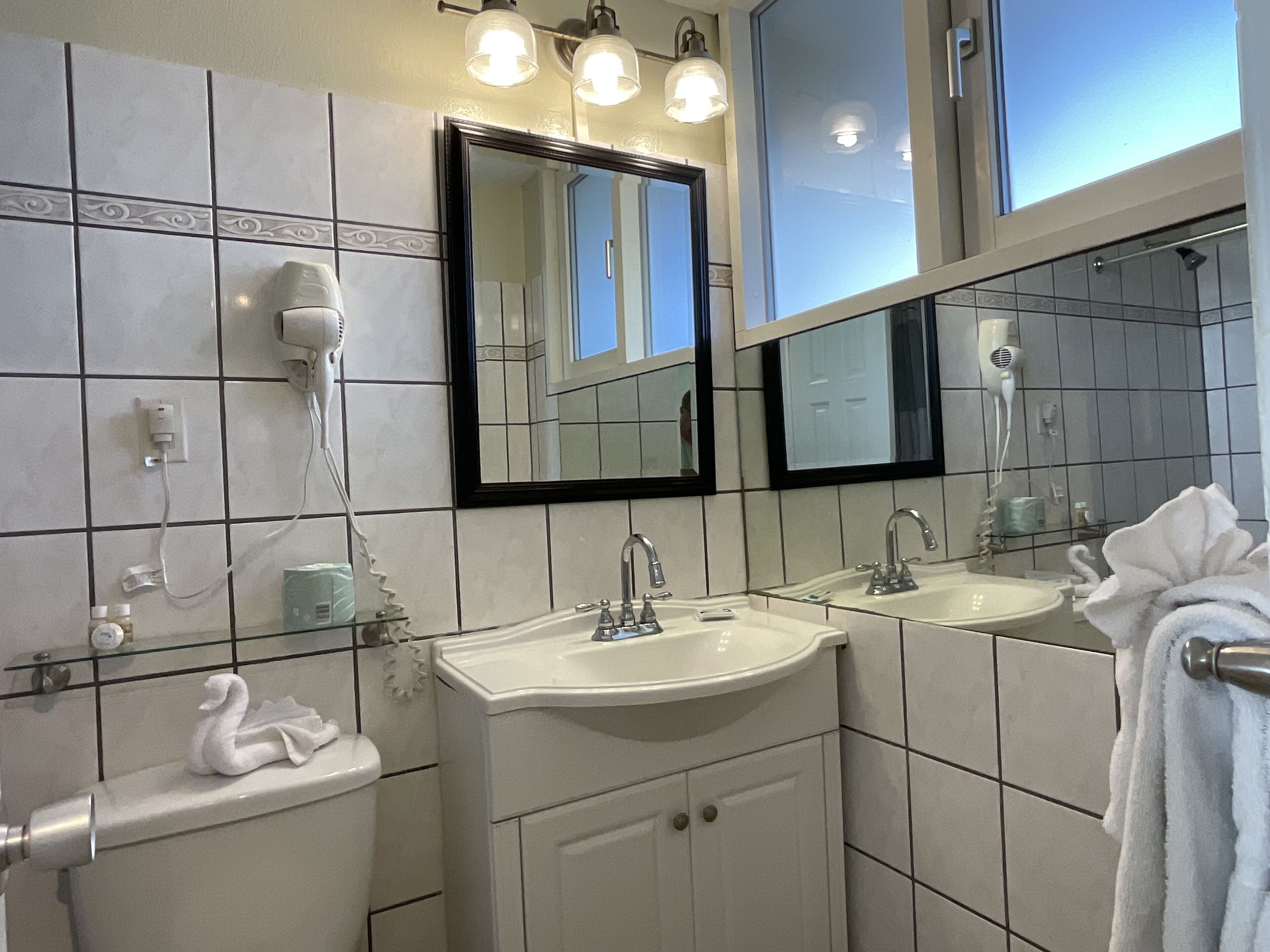 waterfront king with balcony | bathroom | shower, free toiletries, hair dryer, towels