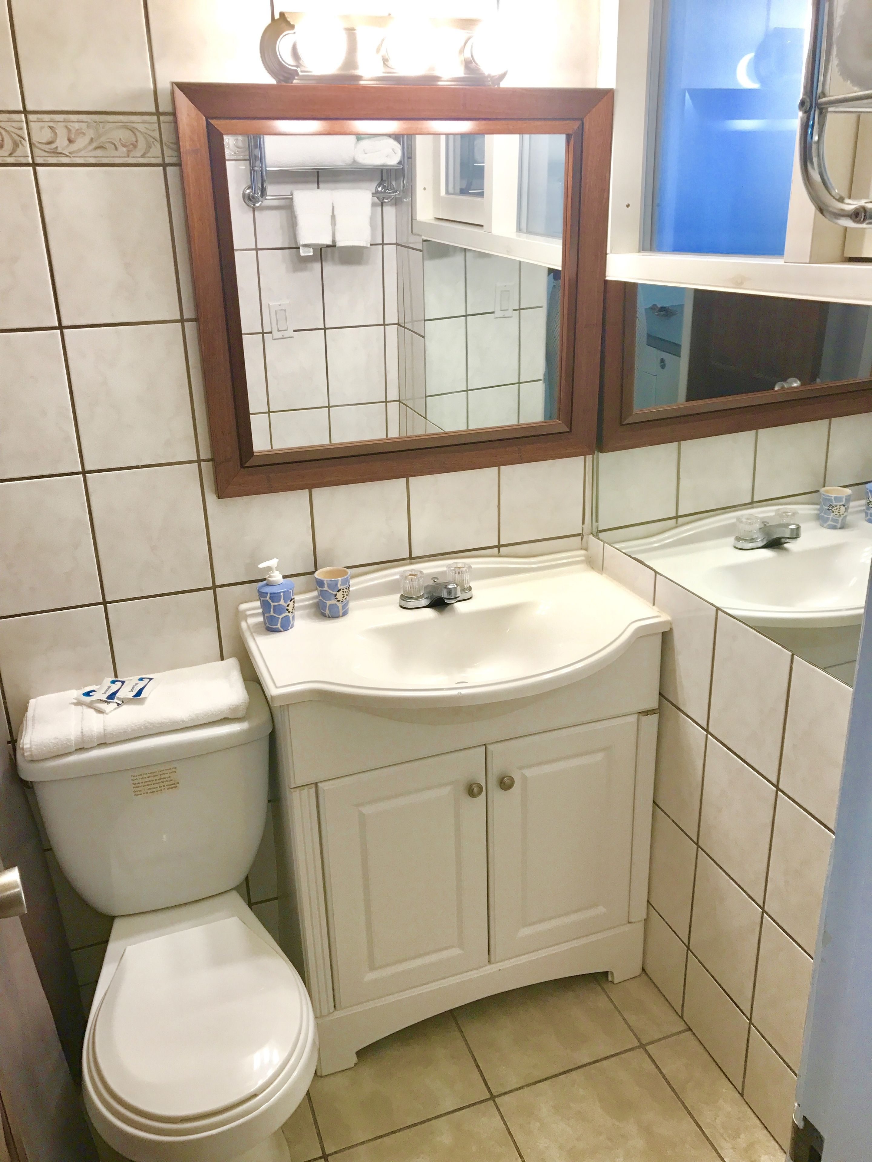Een badkamer met toilet, wastafel en spiegel.