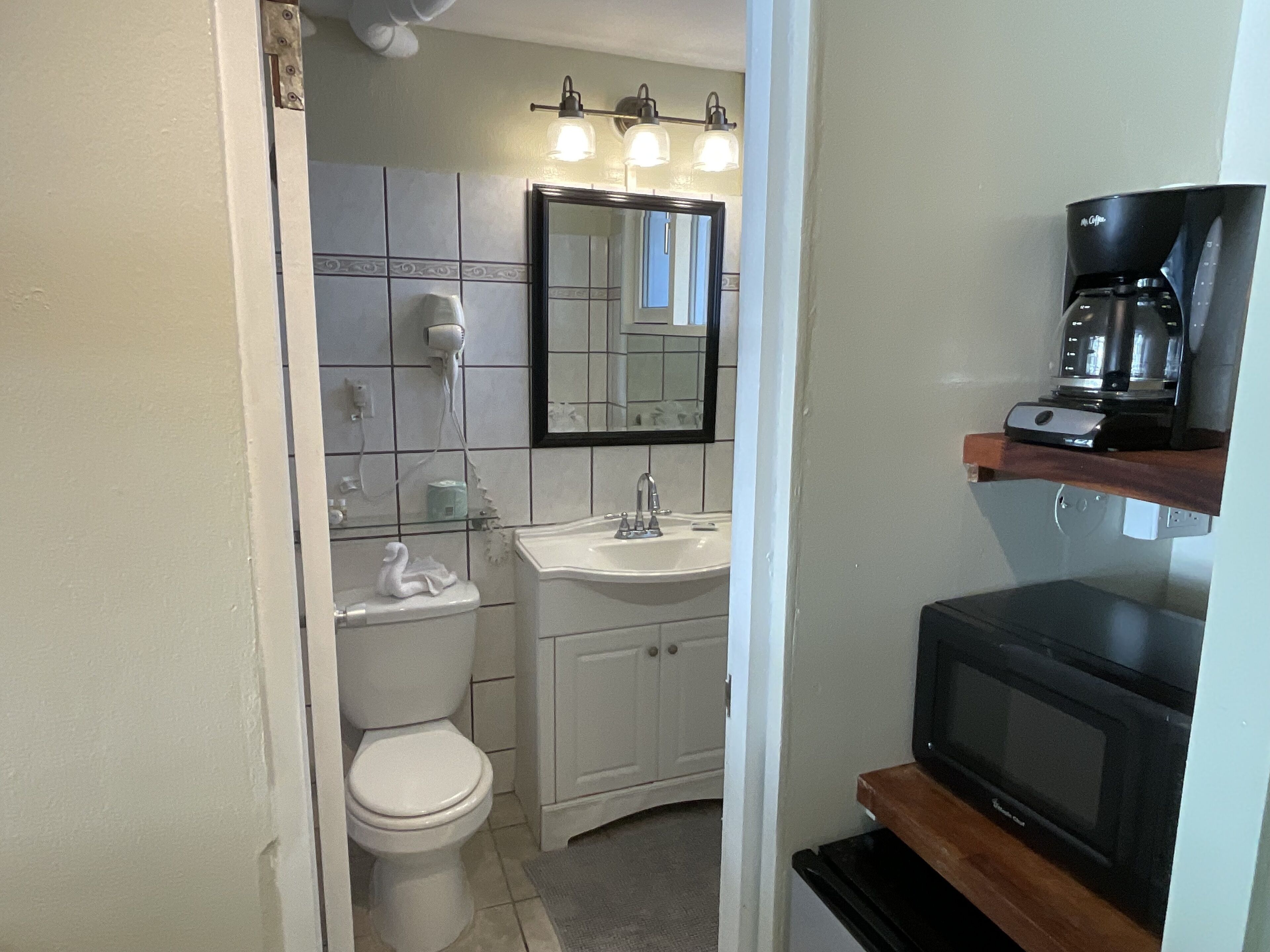 A compact bathroom with a toilet, sink, and a mirror above it. There is a hairdryer on the wall and a coffee maker on a shelf.