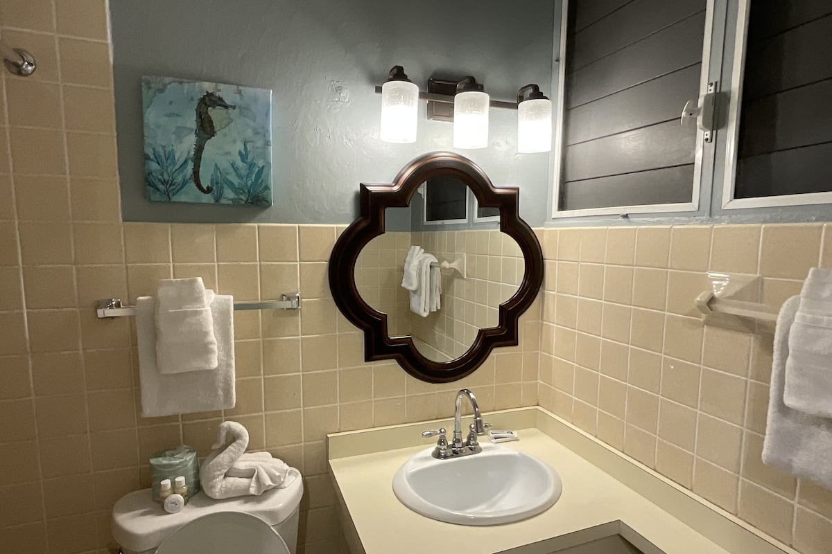 Un baño con un lavamanos blanco, un espejo y un inodoro. Hay toallas en la pared y un cuadro sobre el espejo.