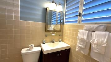 A bathroom with a toilet, sink, mirror, and towels.