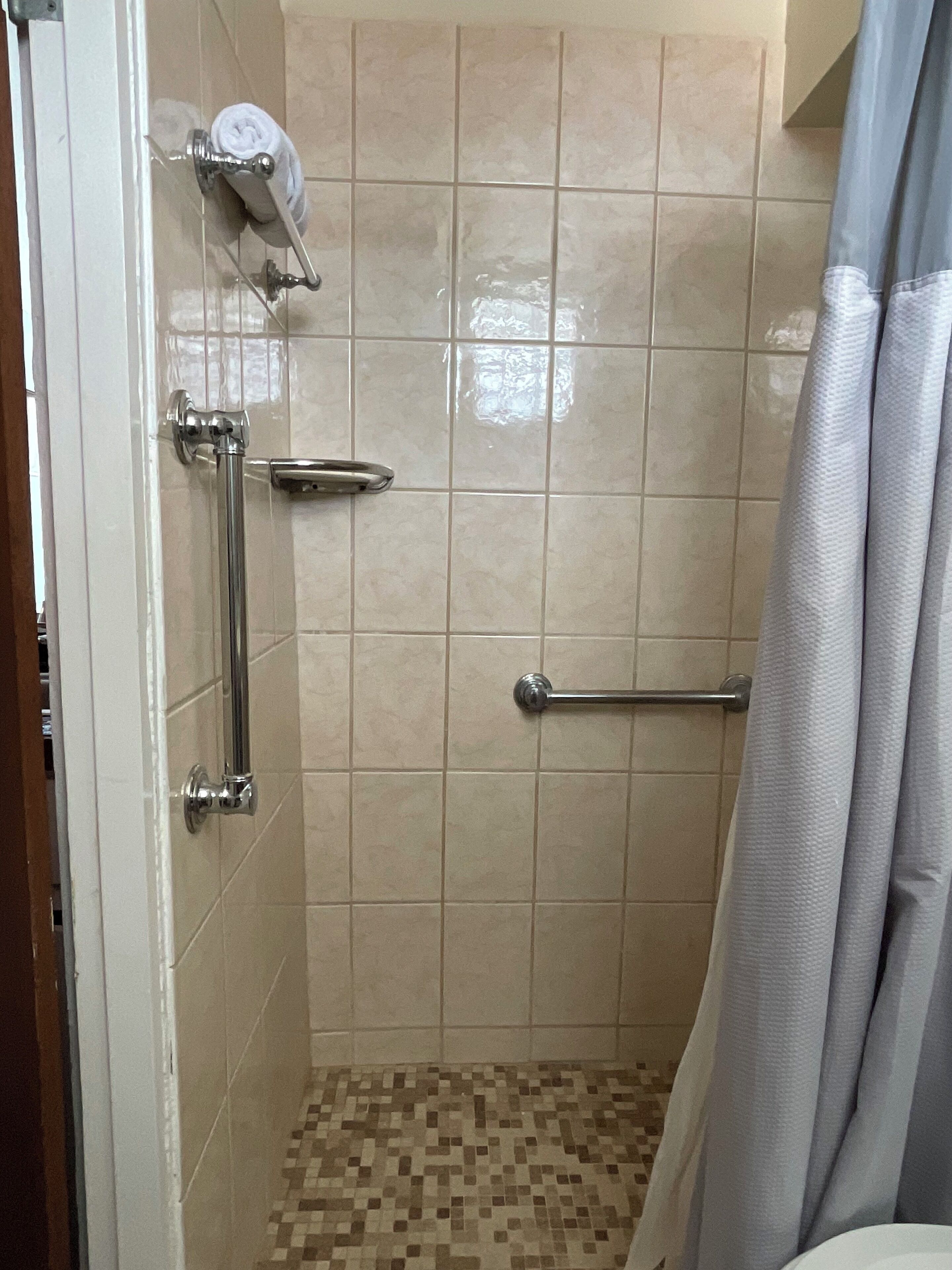 Eine Dusche mit gefliesten Wänden, einer Haltestange und einem Handtuchhalter.