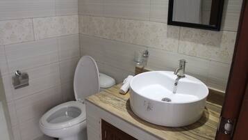 Un baño con inodoro, lavamanos y espejo.