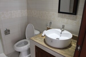 Un baño con inodoro, lavamanos y espejo.