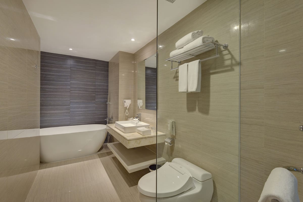 free toiletries, hair dryer, slippers, bidet