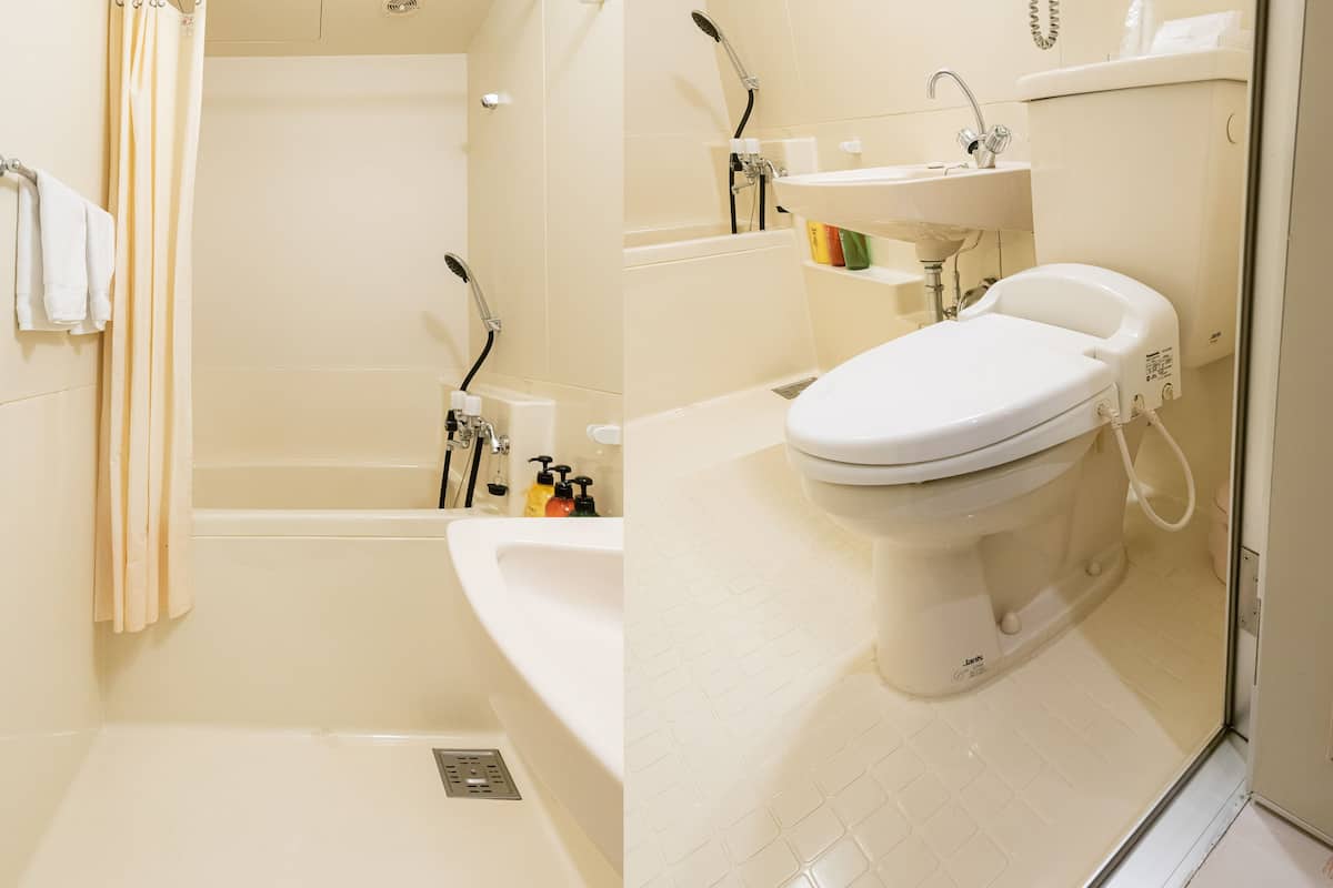 basic twin room | bathroom | shower, free toiletries, hair dryer, slippers