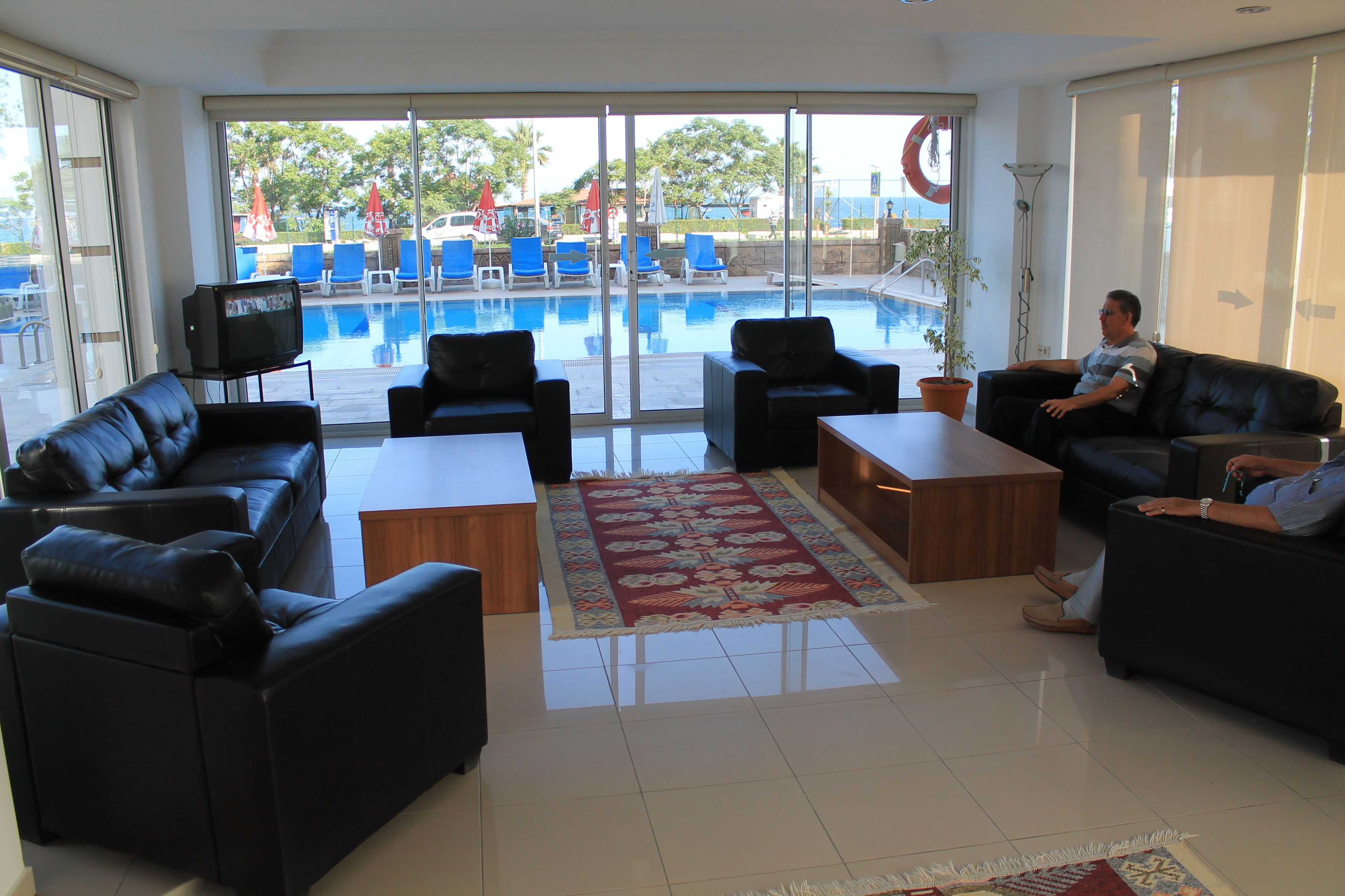 Vestíbulo de hotel con vista a la piscina, sofás de cuero, televisor y una planta en maceta.