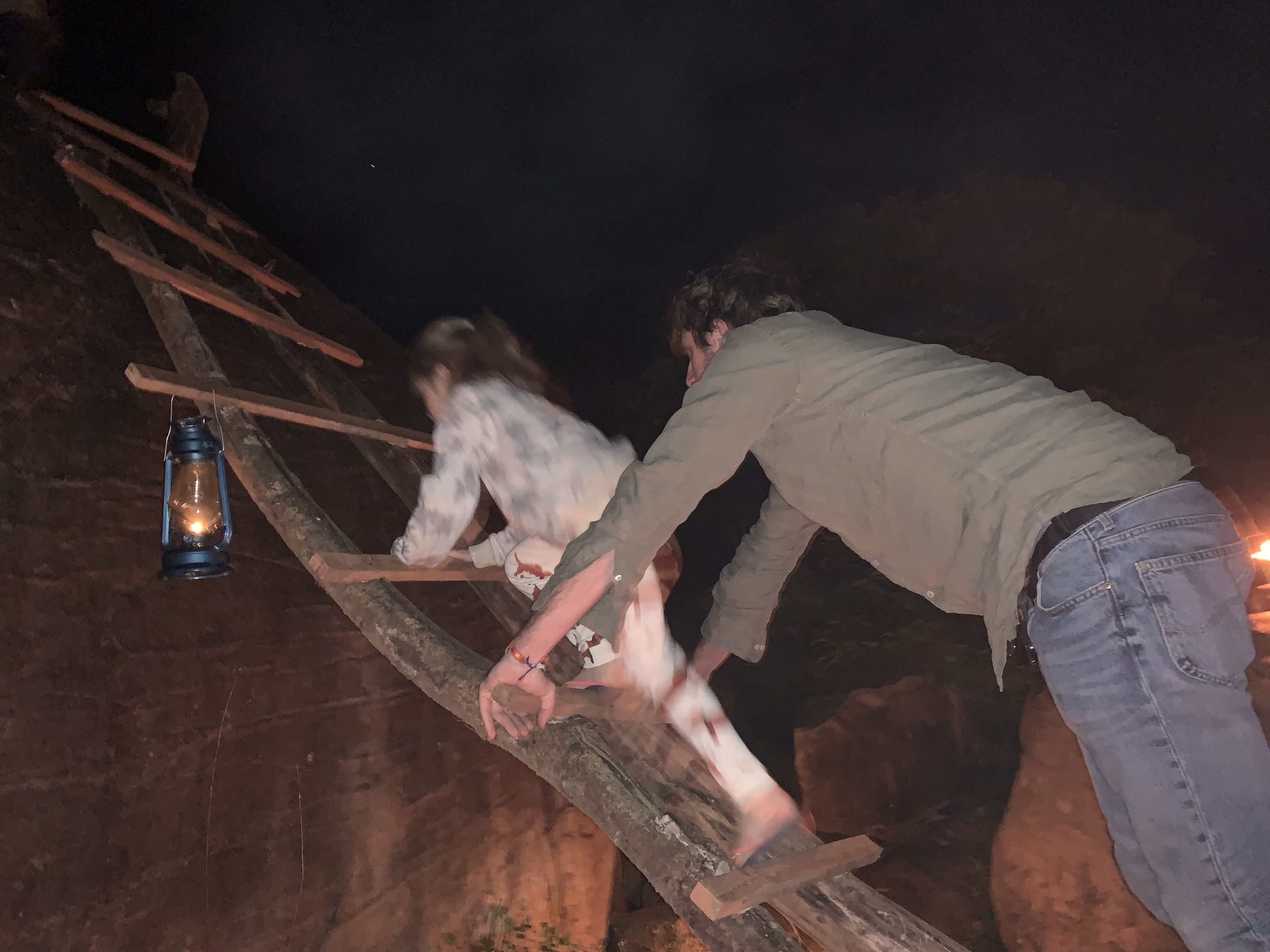 Two people climbing a wooden ladder in a dimly lit area with a lantern hanging on the wall.