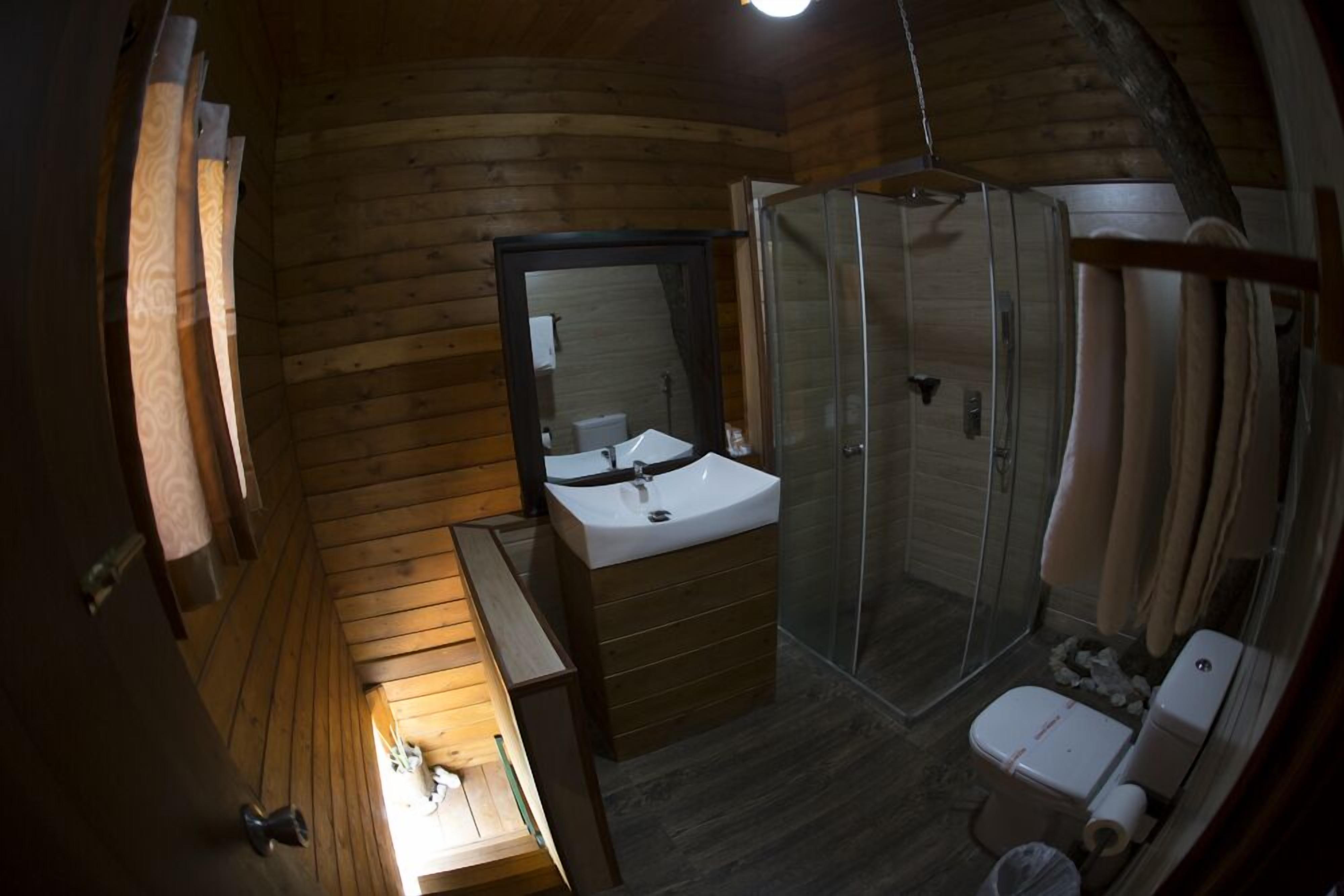 A wooden cabin bathroom with a sink, mirror, and shower.