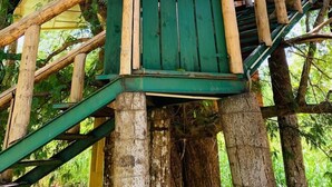 A treehouse with a wooden staircase and platform, surrounded by lush greenery. - La Pentera (Thanamalvila)