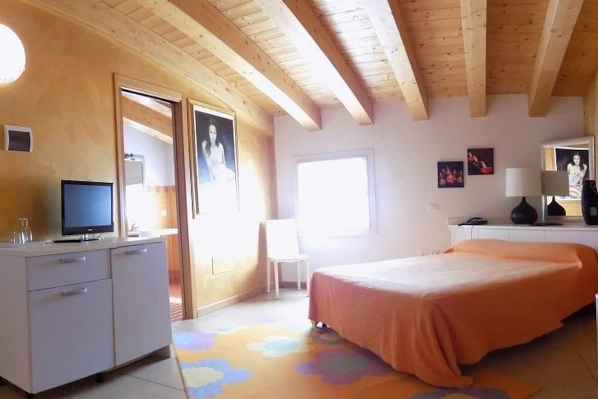A bedroom with a bed, a desk, a television, and a window.