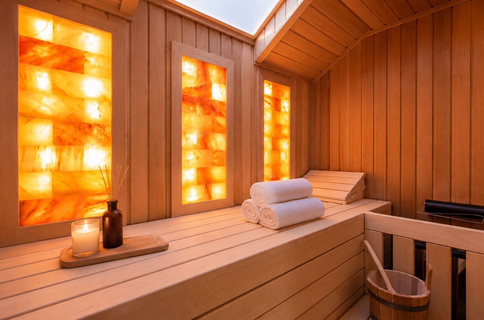 A wooden sauna with benches and a bench seat, a candle, and a bottle of reed diffusers.