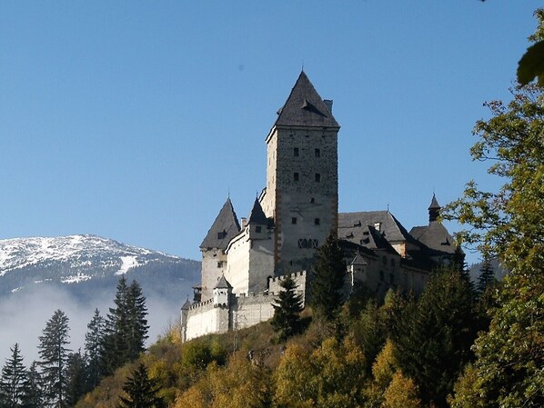 A castle with multiple towers, surrounded by trees and a mountain in the background. - Chaletdorf Fanningberg (Weisspriach)