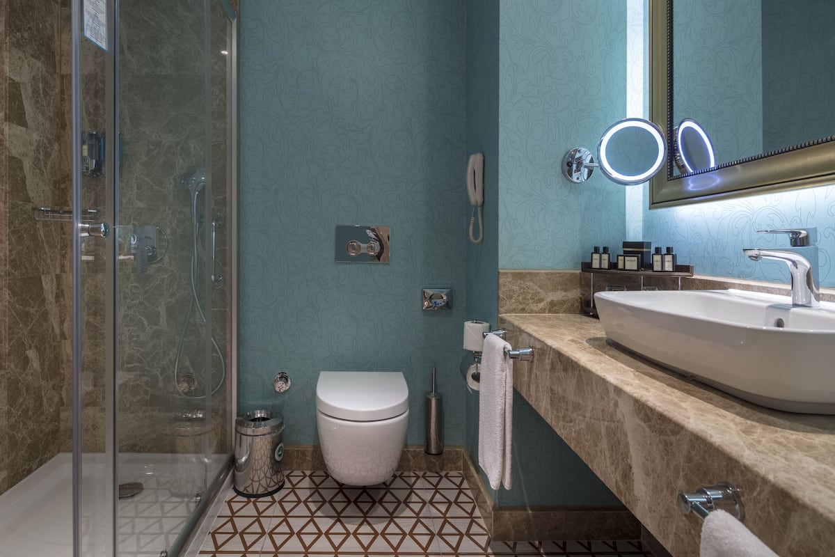 A modern bathroom with a glass-enclosed shower, a white toilet, and a large sink with a mirror above it.