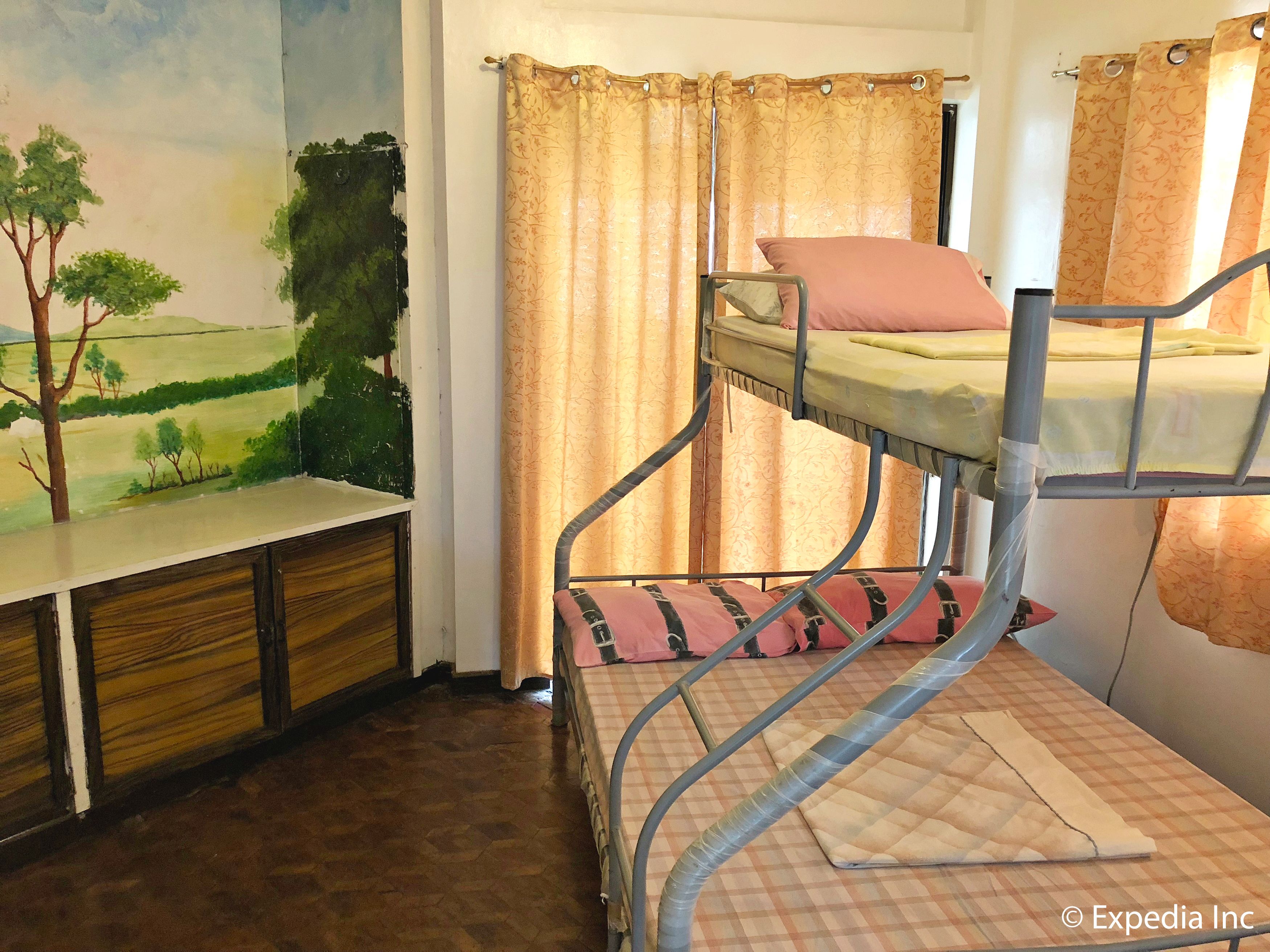 A bunk bed with a mattress and pillows, a wooden cabinet, and a wall mural of a landscape.